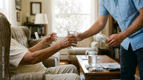 young man helping senior person during summer heat wave by providing a glass of cold water and a portable electric fan for cooling and comfort in a bright living room setting