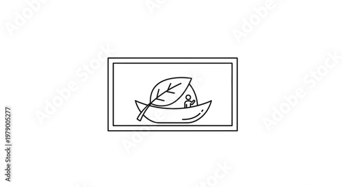 Eco-friendly travel concept: person in boat with leaf sail on minimalist background