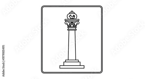 Column Capital with Lion Sculpture, Ancient Architecture Element, Vector Line Art