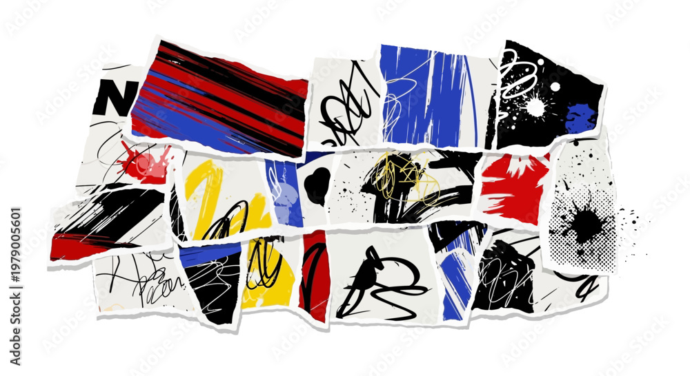 Obraz premium Abstract Collage of Torn Paper with Bold Colors and Scribbles