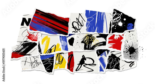 Abstract Collage of Torn Paper with Bold Colors and Scribbles