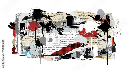 Abstract Collage of Torn Paper, Ink Splatters, and Handwritten Text