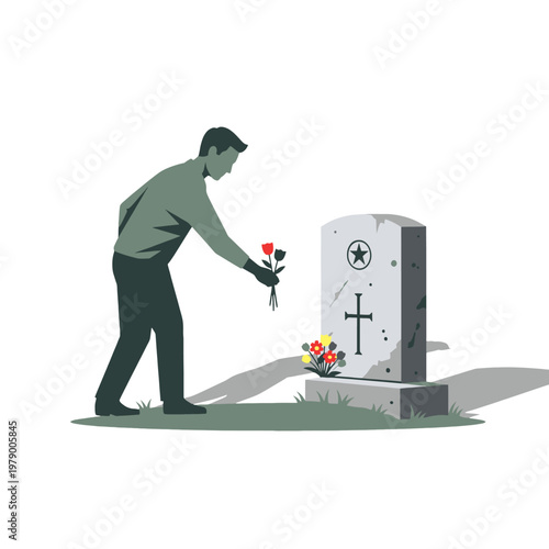 A man places flowers at a grave in a peaceful cemetery setting