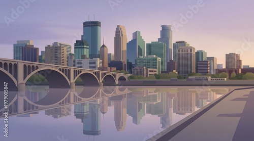 Minneapolis Skyline with Stone Arch Bridge Vector Illustration