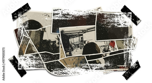 Collage of old, damaged photos with torn edges and tape, vintage effect