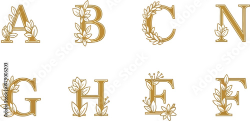 Elegant gold alphabet letters decorated with botanical floral elements perfect for wedding invitations branding and decorative design