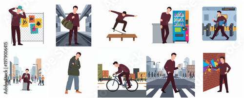 Flat Illustration Lifestyle Various Activity of Young Man with Urban Scene