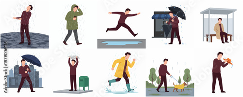 Flat Illustration People Character Different Activities During Rainy Season Weather