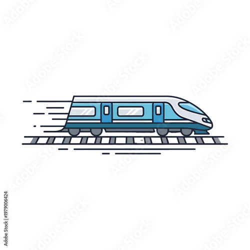 A modern high speed train moving quickly along the metal railway tracks