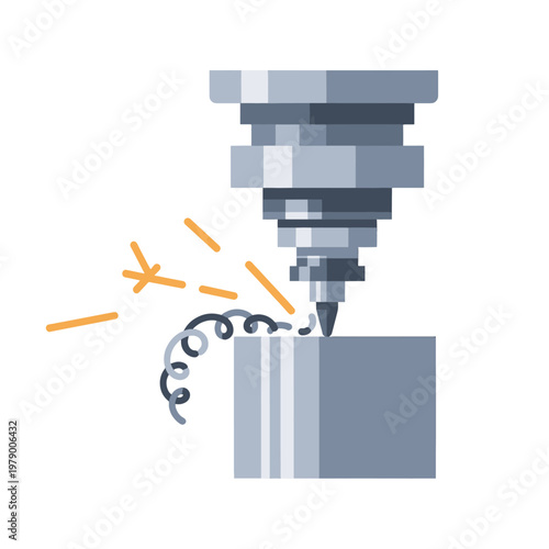 A metal milling machine cutting a block of steel with sparks flying off