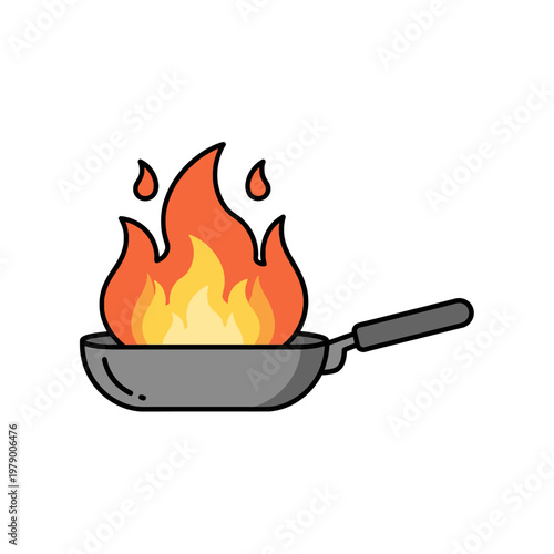 A simple vector illustration of a frying pan with bright flames on a white background