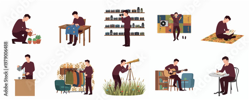 Flat Illustration Various Hobbies and Activities of Man at Home Set