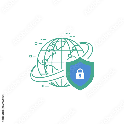 A digital illustration of a global network protected by a secure shield icon
