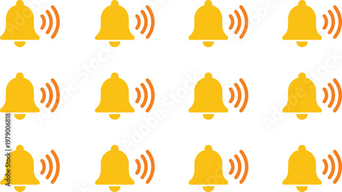 Set of 12 Yellow Bell Icons with Sound Waves, Notification Alert, and Reminder Symbols in Flat Design