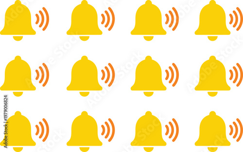 Set of 12 Yellow Notification Bell Icons with Sound Waves, Alert and Reminder Symbols in Flat Design