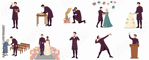 Flat Minimalist Wedding Scene with Various Participant Activities Illustration