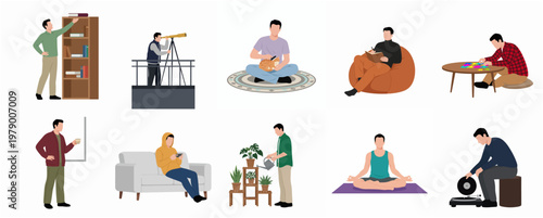 Flat Illustration Set Man in Various Hobbies and Activities Lifestyle