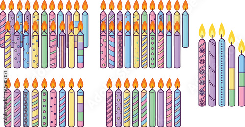 Colorful Set of 6 Birthday Candles with Decorative Patterns, Pink, Yellow, Purple, and Blue Candles with Flames