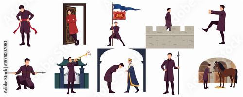 Detailed Flat Illustration Depicting Scenes of Royalty and Nobility Character