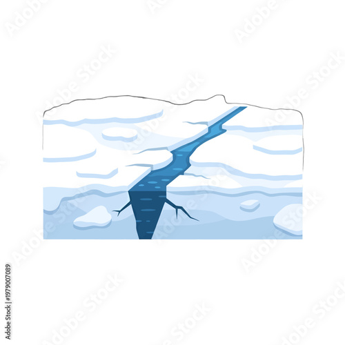 A digital illustration showing a deep crack in a arctic ice sheet surface