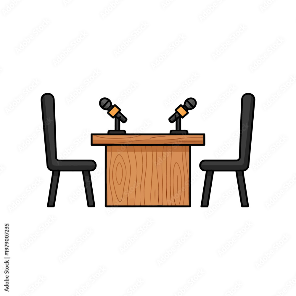 Fototapeta premium A wooden table with two microphones and chairs for a podcast recording session