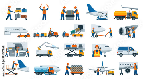 Airport Ground Handling and Aircraft Operations Flat Vector Illustration Set
