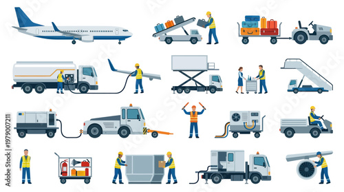 Flat Style Airport Ground Service Transportation and Vehicles Vector Icons
