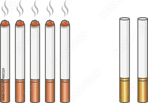 Cigarette and Gold Cigarette Icons with Smoke, Tobacco Products, and Smoking Symbol