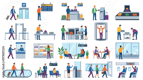 Airport Scene Icons Flat Style: Travel, Security, Passengers, Luggage, Departure