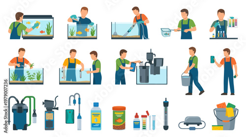 Aquarium Maintenance Vector Icons: Cleaning, Equipment, Care, Flat Style