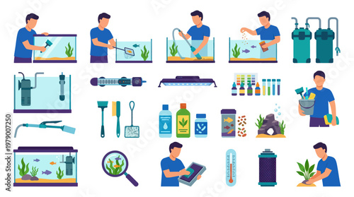 Flat Vector Illustration of Aquarium Care, Fish Tank Maintenance, and Pet Hobby Equipment Icons