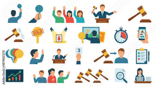 Auction and Bidding Flat Design Icons Set. Gavel, Bid, Sold, Auctioneer Symbols