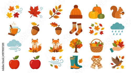 Flat Vector Autumn Fall Season Icons Set: Nature, Weather, Harvest  Lifestyle Elements