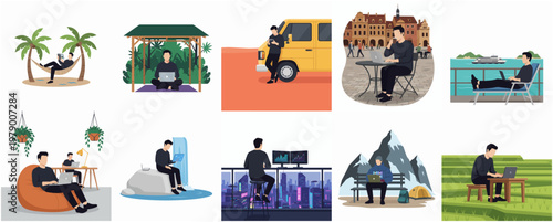 Flat Design Remote Working and Digital Nomad Lifestyle Illustration Set