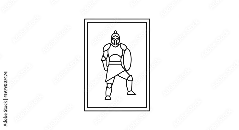 Fototapeta premium Ancient Warrior Icon: Gladiator with Shield and Helmet, Line Art