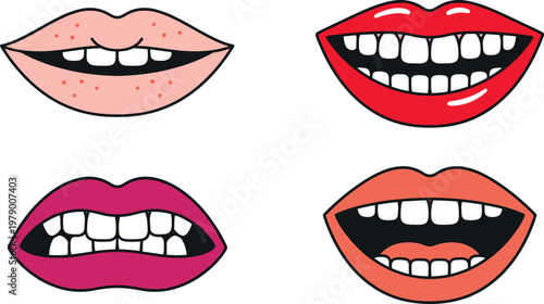 Various Mouth Icons with Teeth and Lipstick, Smiling Faces, and Cosmetic Expressions