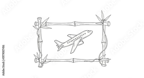 Airplane flying through a bamboo frame, travel and adventure concept