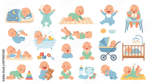 Cute Baby Daily Routine and Development Flat Vector Illustration Set