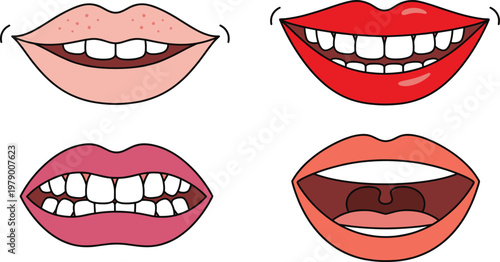 Various Mouth and Lips Icons, Smile Expressions, Teeth, and Lipstick Designs