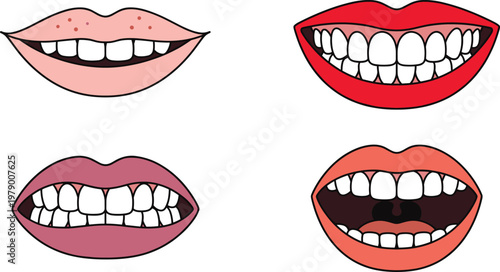 Mouth and Lip Icons with Teeth, Smiling Expressions, and Lipstick in Various Styles