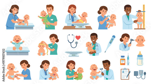 Pediatric Medical Check-up: Flat Vector Illustration Set of Doctors, Nurses, and Babies