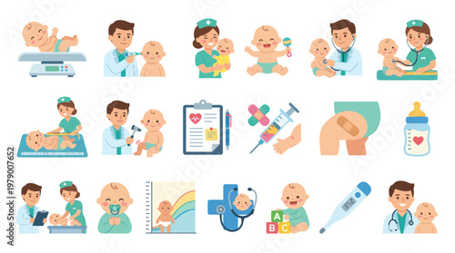 Baby Care  Pediatric Medical Check-up Flat Vector Illustrations Collection