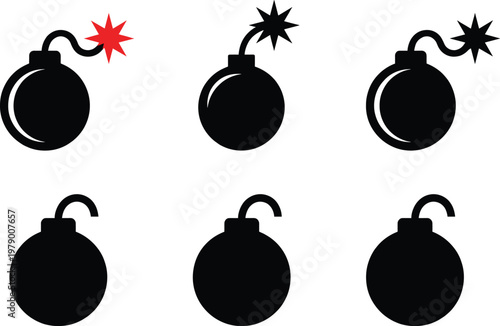 Bomb Icons Set with Explosions, Dangerous Warning Symbols, and Fuse Details
