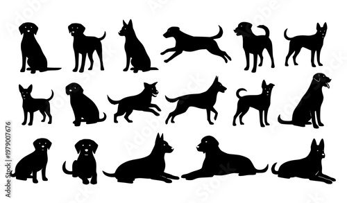 Dog silhouettes vector set various breeds poses pet animal collection