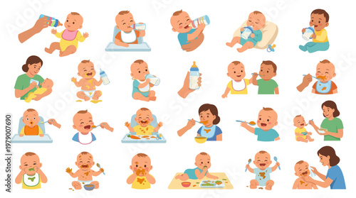 Baby Feeding Time Flat Vector Illustration Set - Parenthood, Infant Nutrition  Care