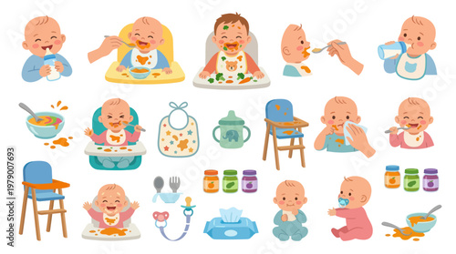 Childcare  Parenting Babies Feeding Essentials Flat Vector Illustration Set