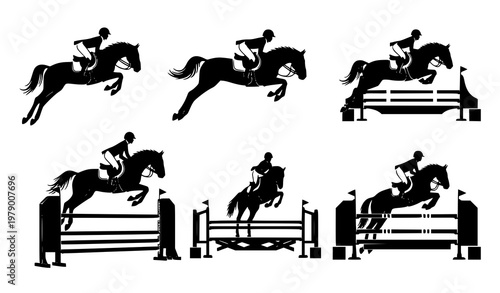 Horse rider jumping silhouettes vector minimal equestrian sport icon pack
