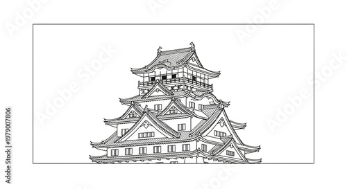 Traditional Japanese Castle Architecture, Black and White Sketch Style