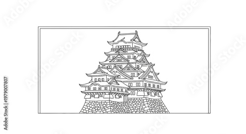 Traditional Japanese Castle Architecture, Black and White Line Drawing