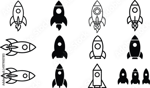 Rocket Launch Icons in Different Styles, Space Exploration, Innovation, and Aerospace Symbols